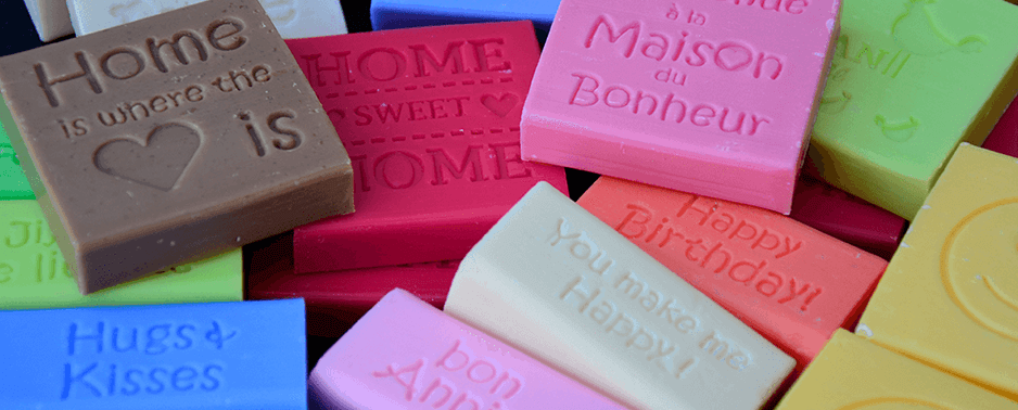 Françoise creates beautiful message soap in a range of colours, shapes and sizes