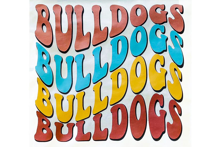 Kata "Bulldogs" dalam grafis empat warna bergaya