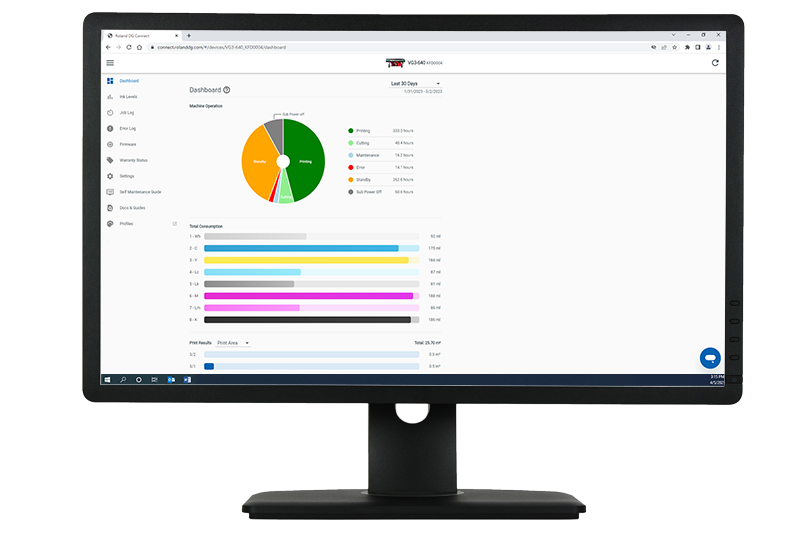 Tableau de bord de l'application Roland DG Connect