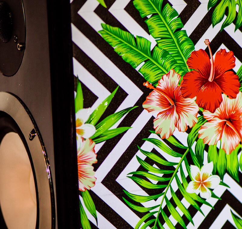 Close-up of a speaker with UV printed customisation